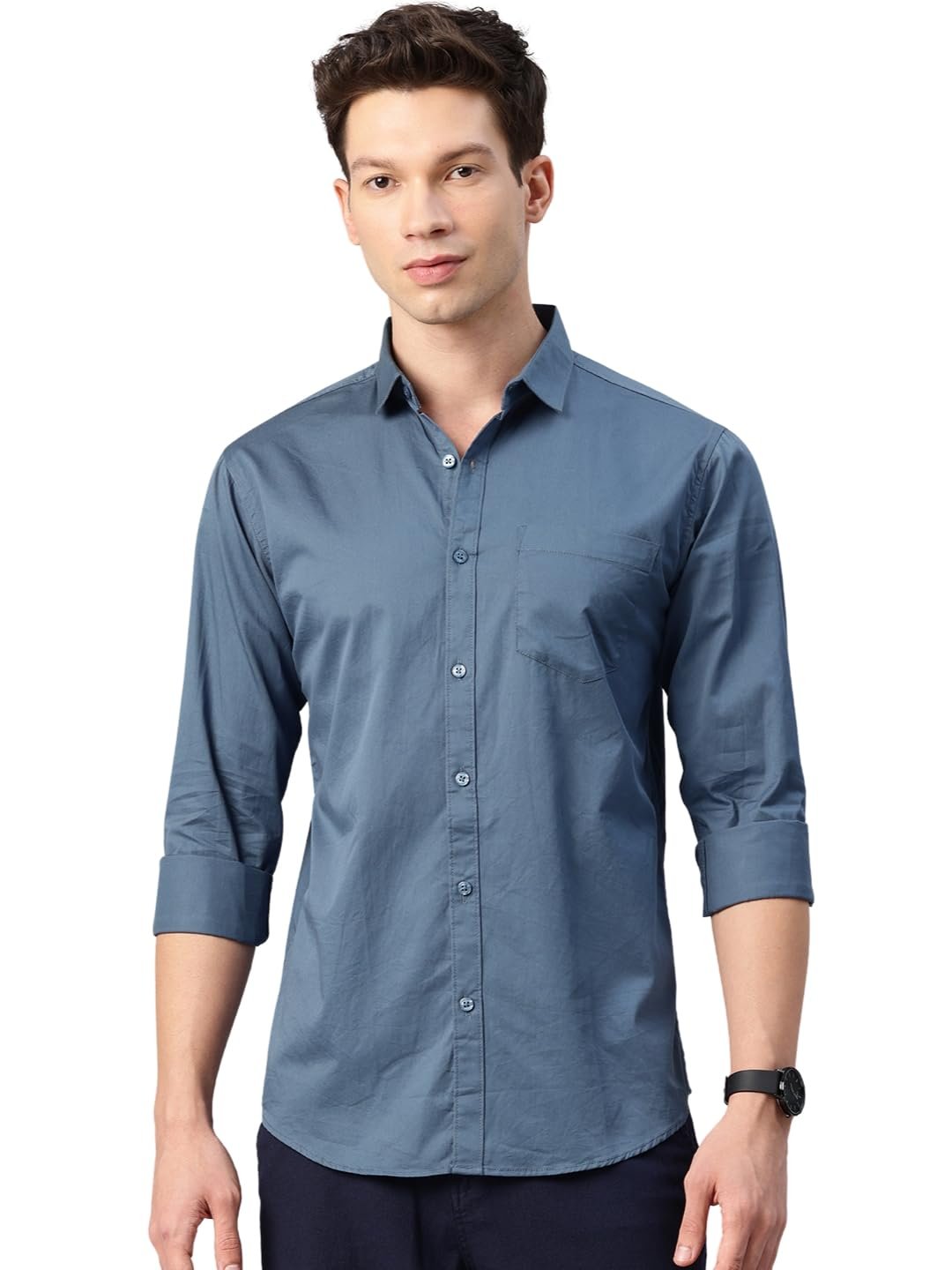 Cotton Solid Slim Fit Casual Shirt for Men (Medium, Dark Grey)