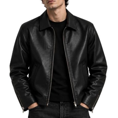 Men's Black Faux Leather Biker Jacket with Zip Closure