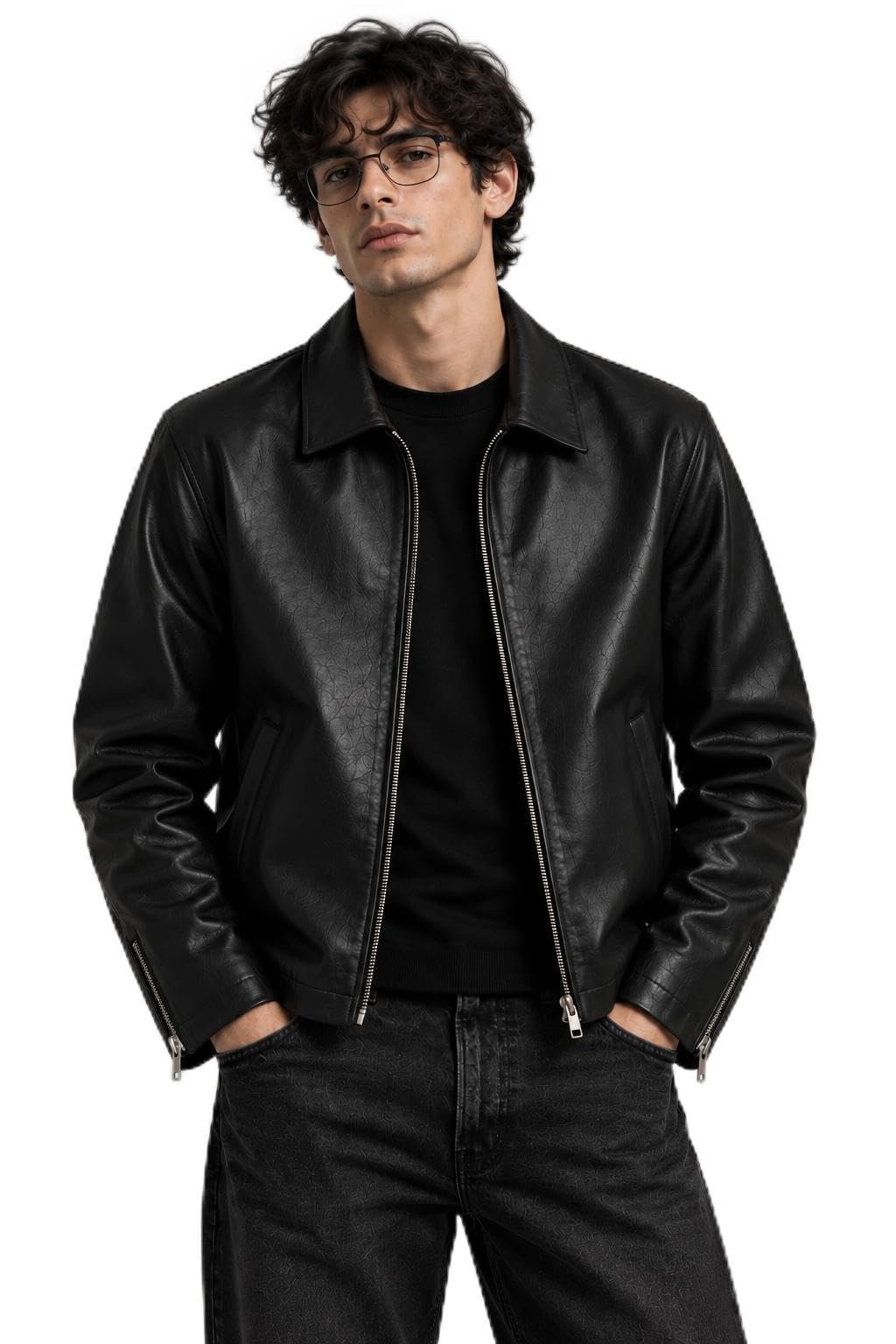 Men's Black Faux Leather Biker Jacket with Zip Closure