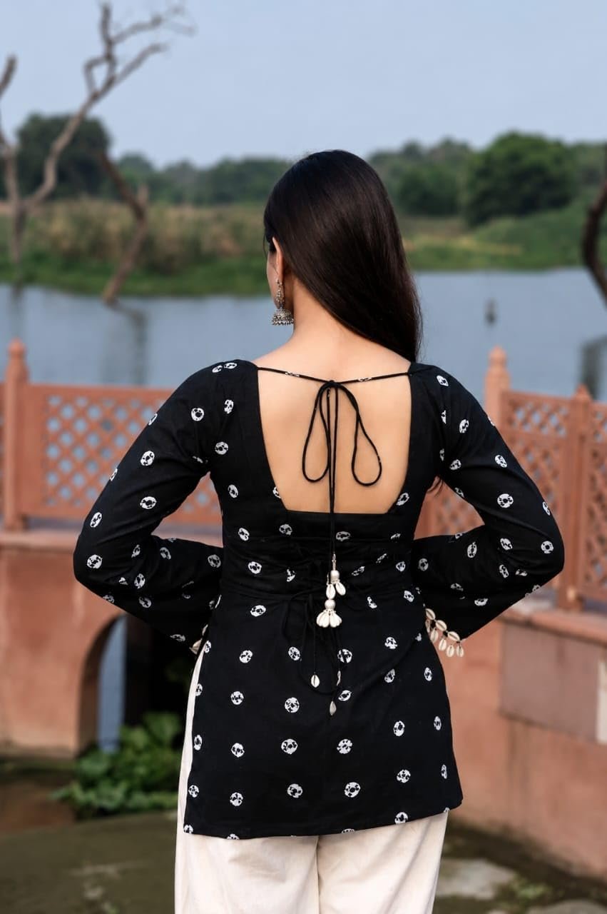 Women's Rayon Printed Short Kurti | Square Neck | Bell Sleeves | Lace-Up Back Design with Pom Pom Lace | Casual Ethnic Top for Daily Office College Wear (in, Alpha, Regular, Black) - Image 3