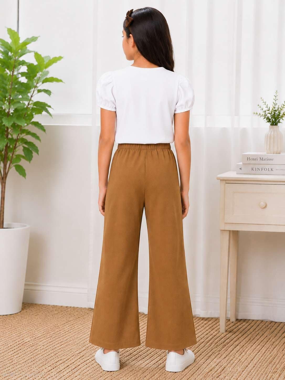 Girls Wide Leg Pants Set with Peter Pan Collar Blouse | Trendy Co-Ord Dress for Kids (BROWN, 5 YEAR -6 YEAR) - Image 2