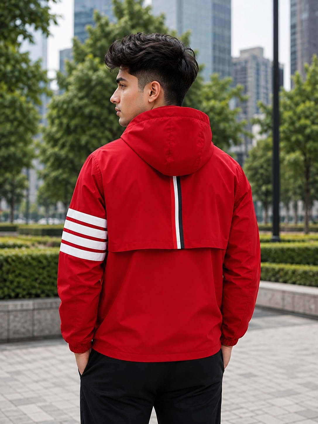 Men's Lightweight Hooded Windcheater Jacket with Full Front Zipper Striped Sleeve Detail Elastic Cuffs and Casual Outdoor Wear Design-KRN Patti Red Upper Jacket - Image 4