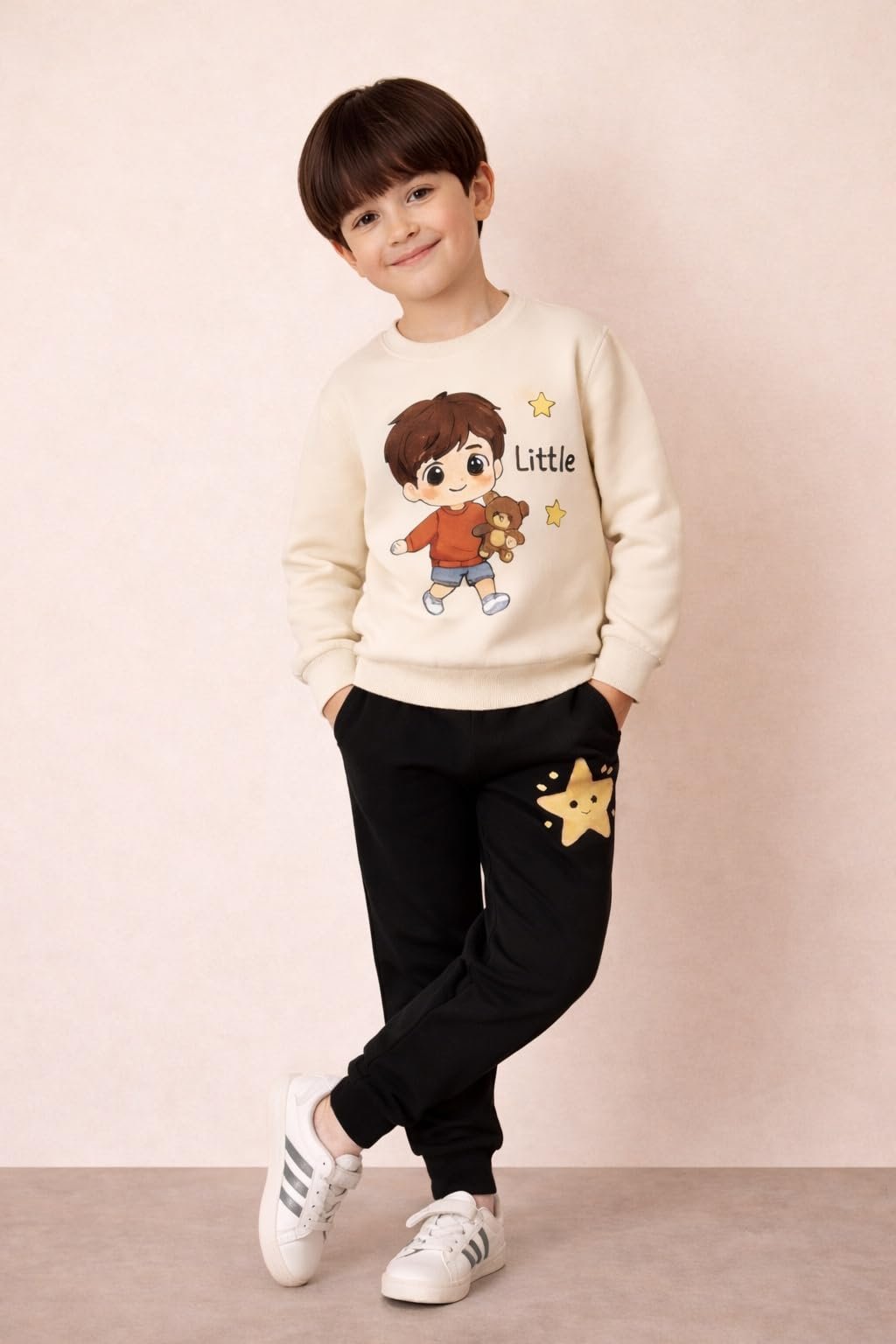 Boy’s Cotton Blend Printed Sweatshirt & Jogger Set with Long Sleeve Pullover with Elastic Waist Pants Casual 2-Piece Outfit Ideal for Toddlers & Kids (1-2Yr-Off White) - Image 4