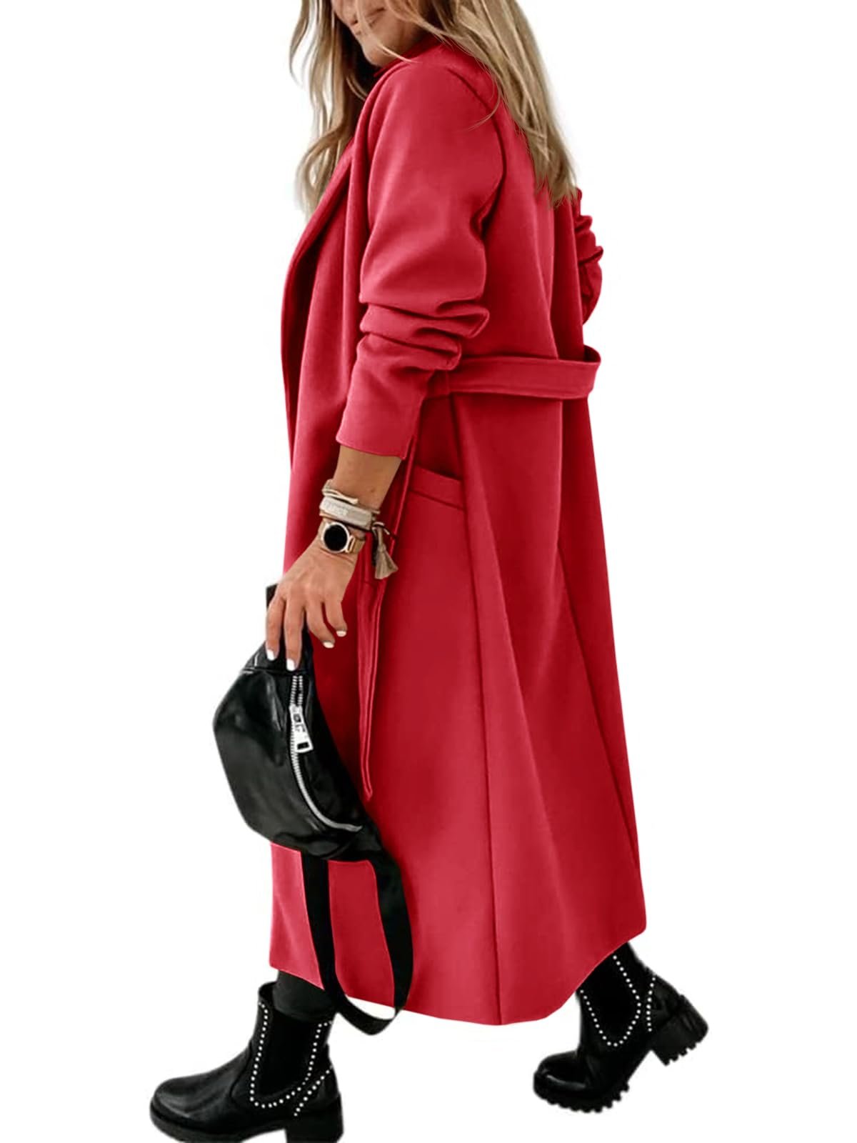Womens Classic Coat Lapel Collar Open Front Belted Long Jacket, Red, Medium - Image 5
