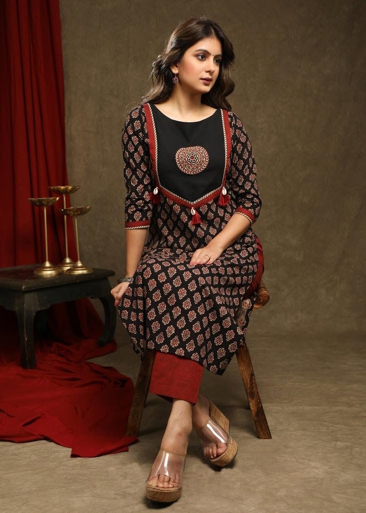 Raghav Silk Pure Cotton Ajrakh Print Straight Kurti for Women (in, Alpha, Black) - Image 3