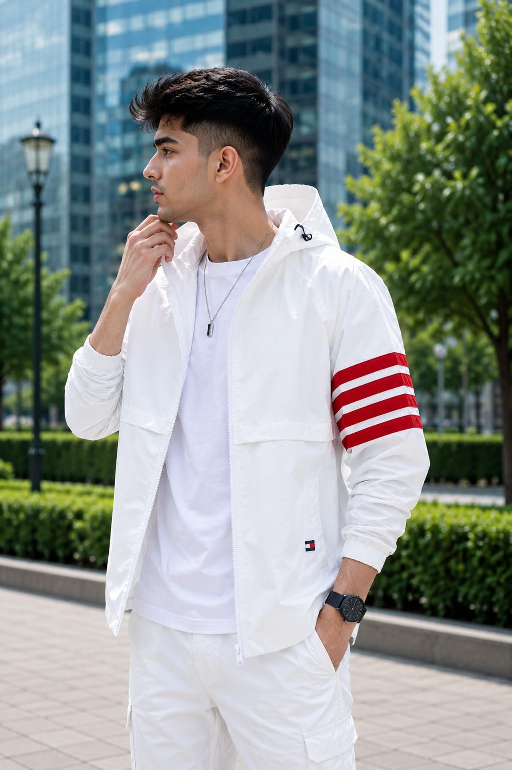 Men's Lightweight Hooded Windcheater Jacket with Full Front Zipper Striped Sleeve Detail Elastic Cuffs and Casual Outdoor Wear Design-KRN Patti White Upper Jacket - Image 3