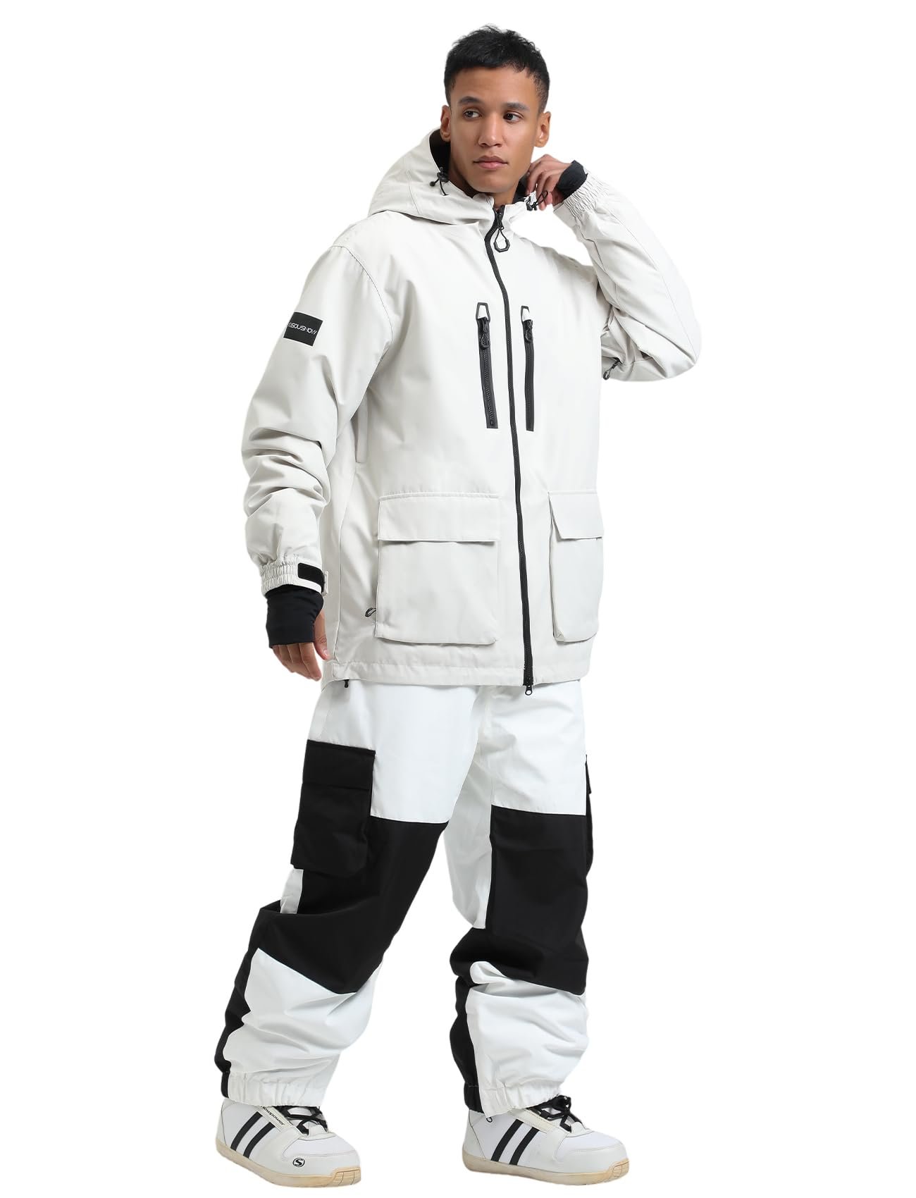 Men's Ski Jacket Snowboard Snow Coat Waterproof Windproof Insulated Winter Mountain Outdoor Sports Fixed Hooded, Beige, Large - Image 2