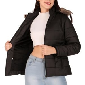 Fashionable Women's Long Quilted Jacket - Full Sleeves Winter Wear for Girls, Stylish Solid Color (Black)