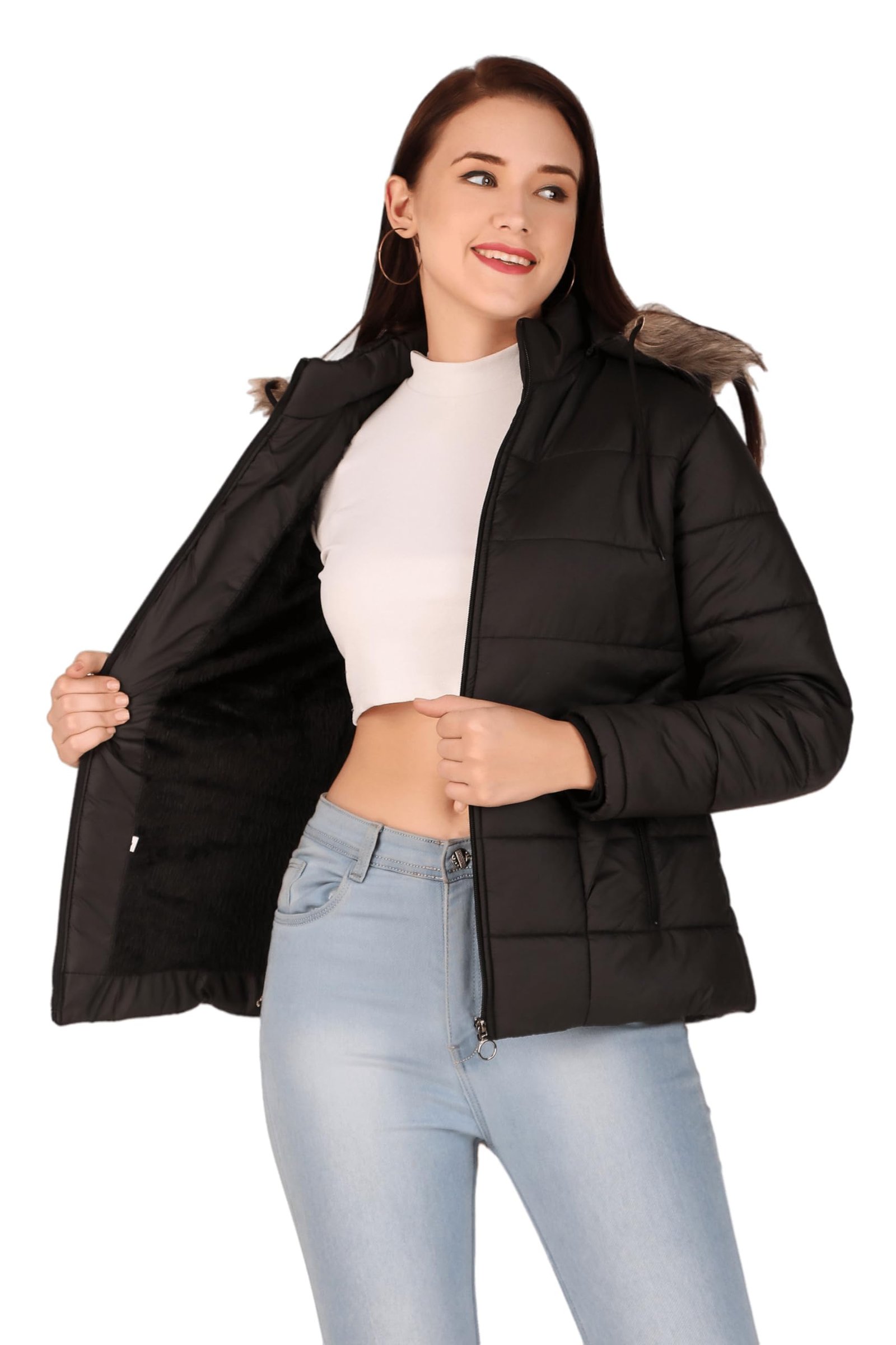 Fashionable Women's Long Quilted Jacket - Full Sleeves Winter Wear for Girls, Stylish Solid Color (Black)