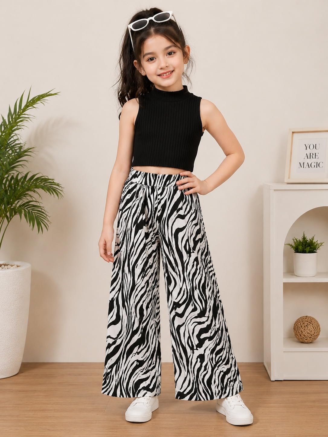 Girls Black Sleeveless Crop Top with Zebra Print Wide Leg Palazzo Pants | Stylish Casual Wear Co-Ord Set for Kids (zebra print, 7 YEAR - 8 YEAR) - Image 6