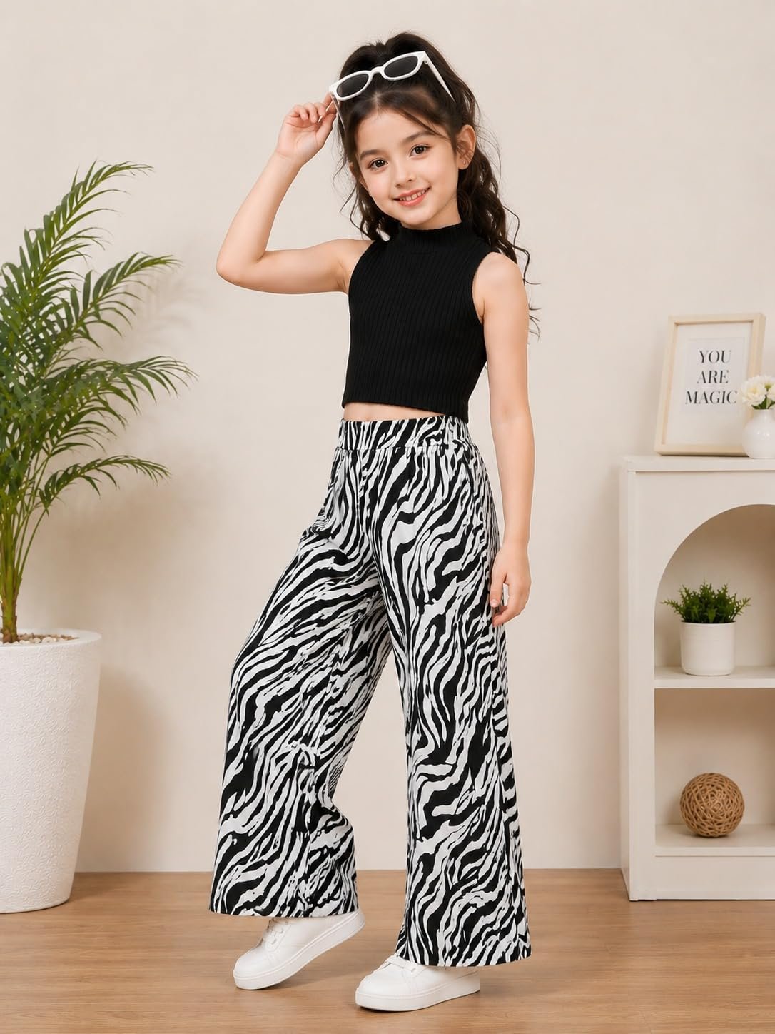 Girls Black Sleeveless Crop Top with Zebra Print Wide Leg Palazzo Pants | Stylish Casual Wear Co-Ord Set for Kids (zebra print, 7 YEAR - 8 YEAR) - Image 3