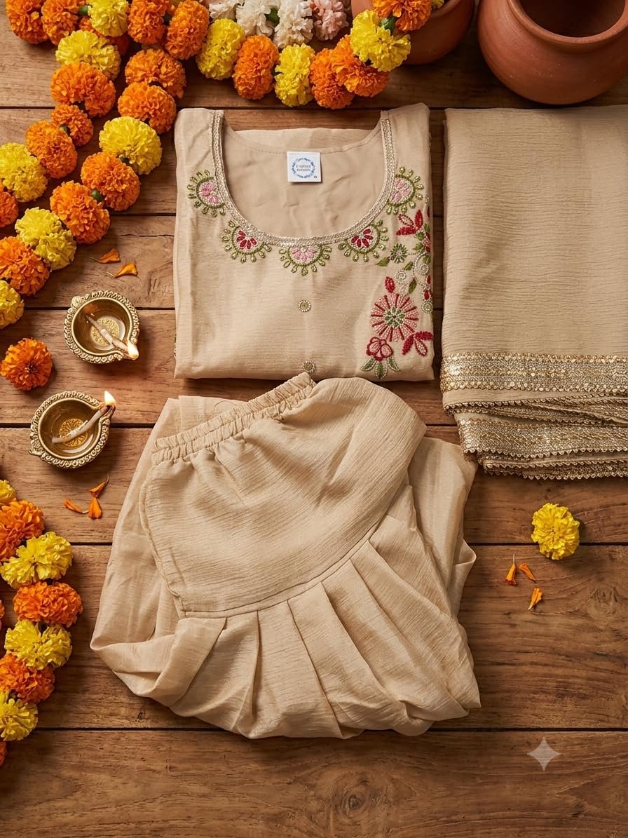 Women's Beige Embroidered Chinon Silk Kurti Patiala Set with Dupatta | Floral Ethnic Suit Set for Wedding - Image 4