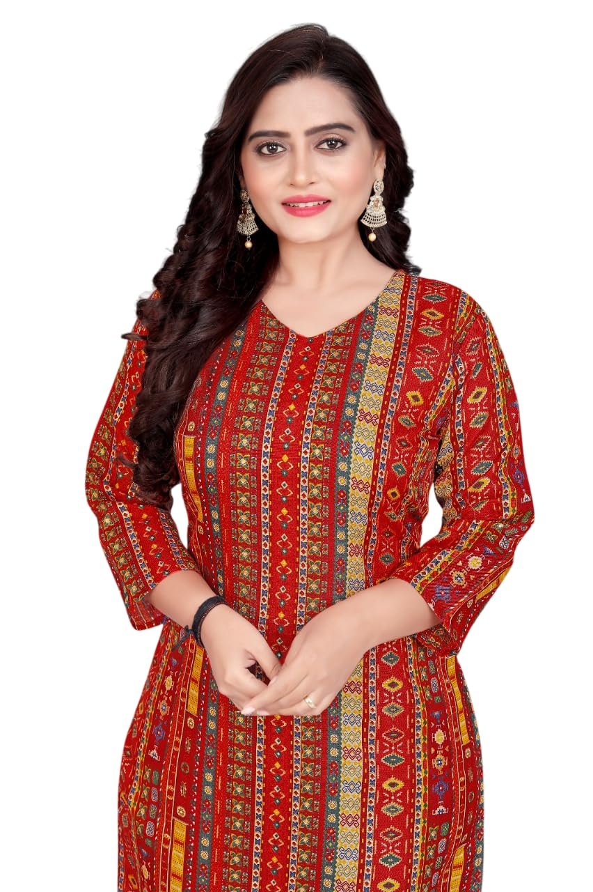 Amthi V-Neck Straight Cotton Blend Red Kurtis for Women's (in, Alpha, 3XL, RED)