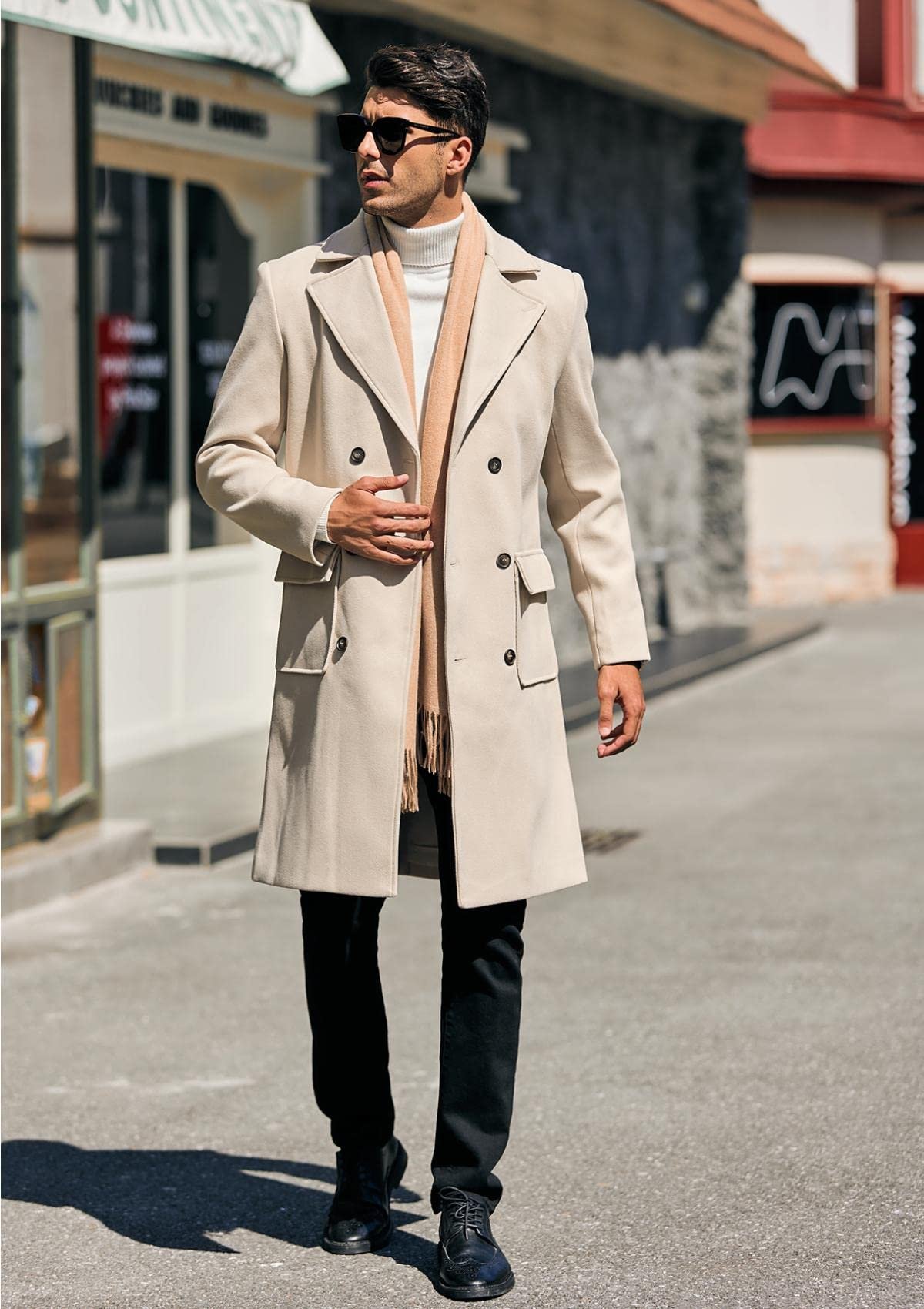 Mens Trench Coat Slim Fit Double Breasted Long Overcoat Winter Pea Coat, Khaki, X-Large - Image 4
