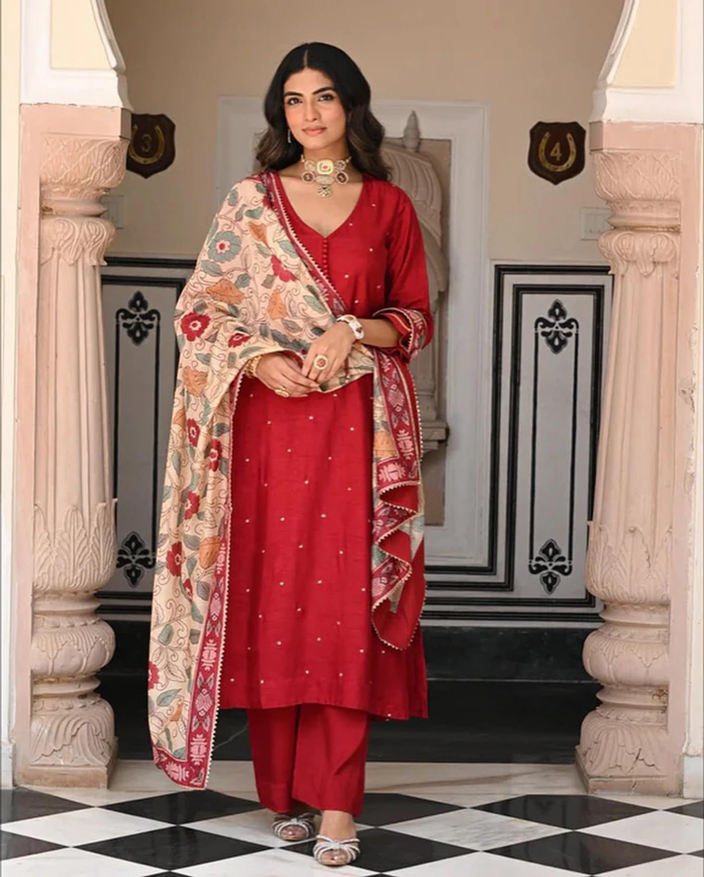 UNDERLINE Women's Kurta Set | Red Floral Printed Kurta Pant Dupatta Set | 3 Piece Ethnic Wear Set for Women | Red | 3XL - Image 7