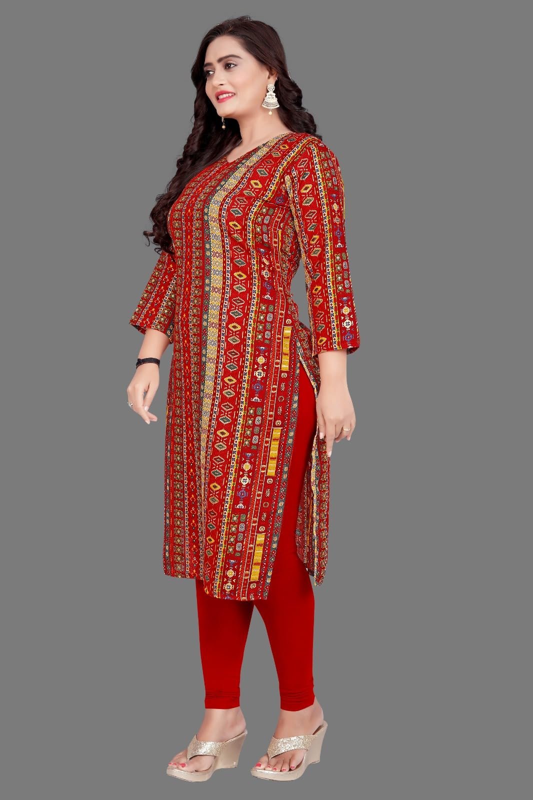 Amthi V-Neck Straight Cotton Blend Red Kurtis for Women's (in, Alpha, 3XL, RED) - Image 3