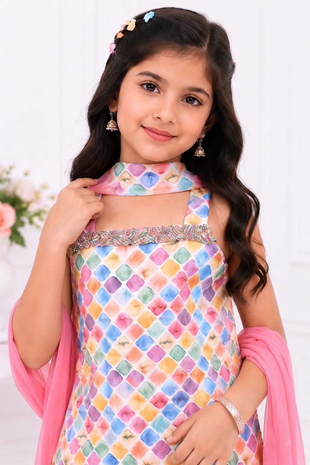 Girls’ Printed Pink Patiala Suit Set with Dupatta (5-6 years) - Image 2