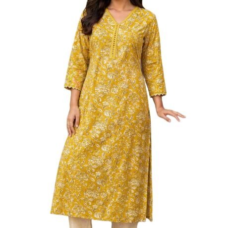 Women's Cotton Floral Printed V-Neck A-Line Kurta/Regular Fit Kurti-3/4 Sleeve Yellow