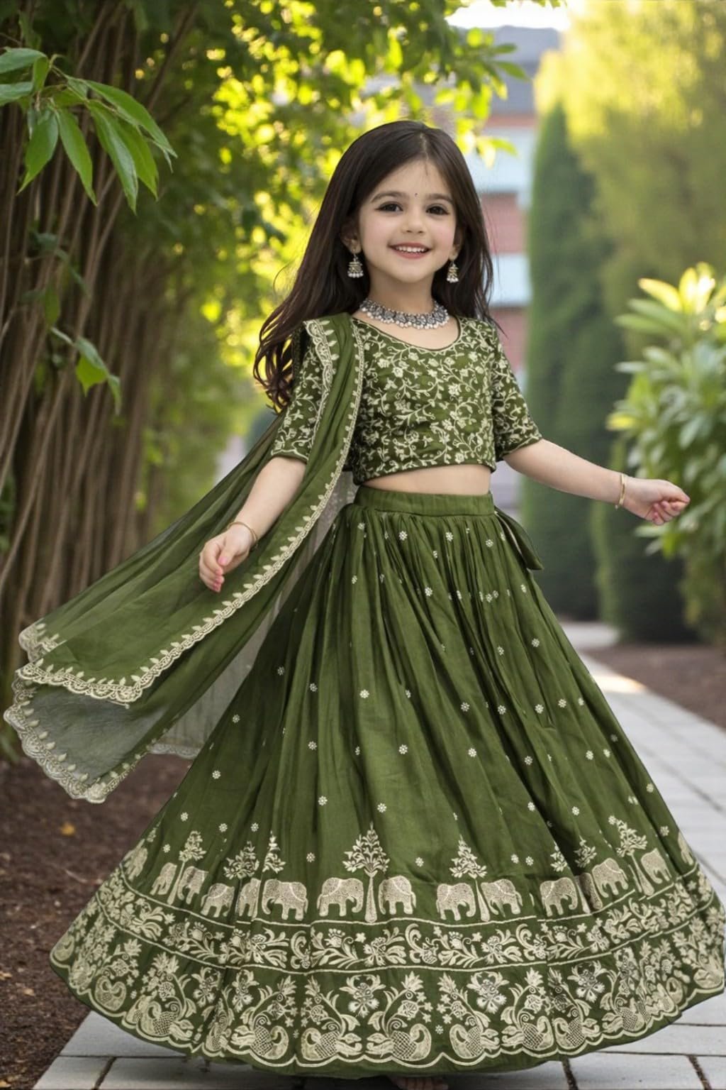 Kids Chiffon Lehenga Choli, Traditional Ethnic Wear for Girls (GREEN, 10-11 Y) - Image 5