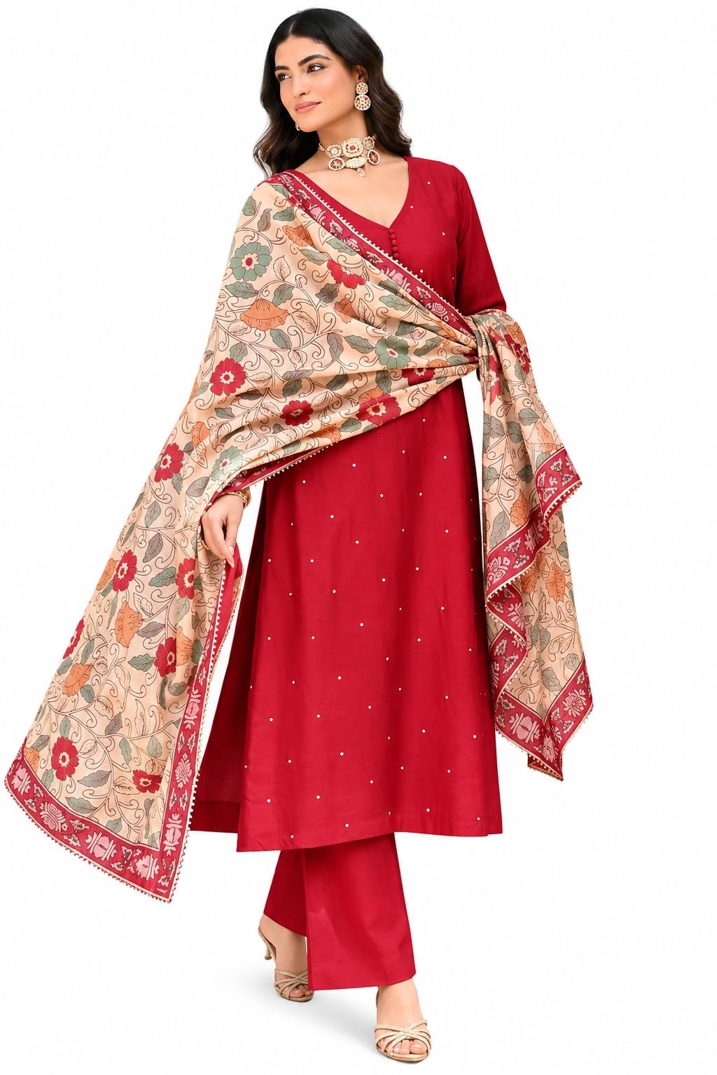 UNDERLINE Women's Kurta Set | Red Floral Printed Kurta Pant Dupatta Set | 3 Piece Ethnic Wear Set for Women | Red | 3XL