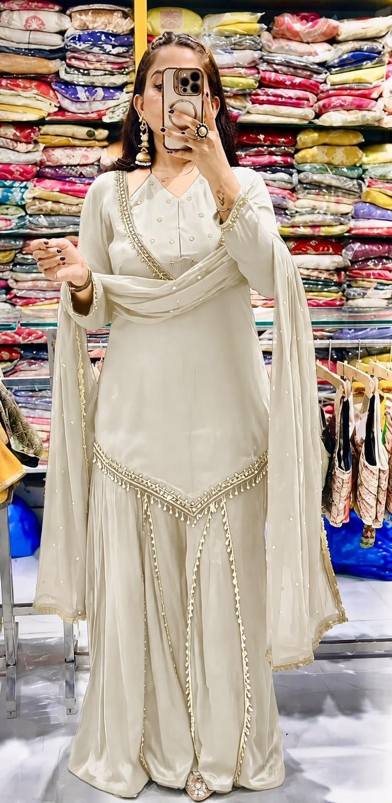 Women’s Roman Glass Kurti with Real Mirror Work, Fully Stitched Ready to Wear Ethnic Top, Full Sleeve Kurti with Heavy Micro Cotton Inner, 32–33 Inch Length White - Image 3