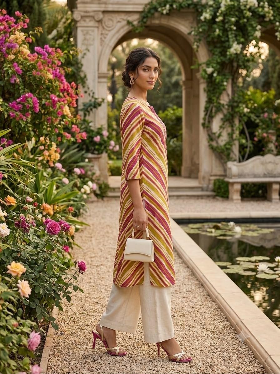 Women's Diagonal Stripe Print Kurta with Bandhani Neck Detail Olive Green - Image 3