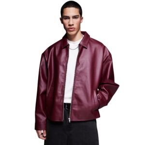 Men's Oversized Faux Leather Jacket Burgundy PU Casual Biker Streetwear