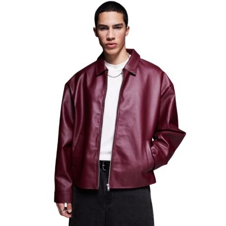 Men's Oversized Faux Leather Jacket Burgundy PU Casual Biker Streetwear