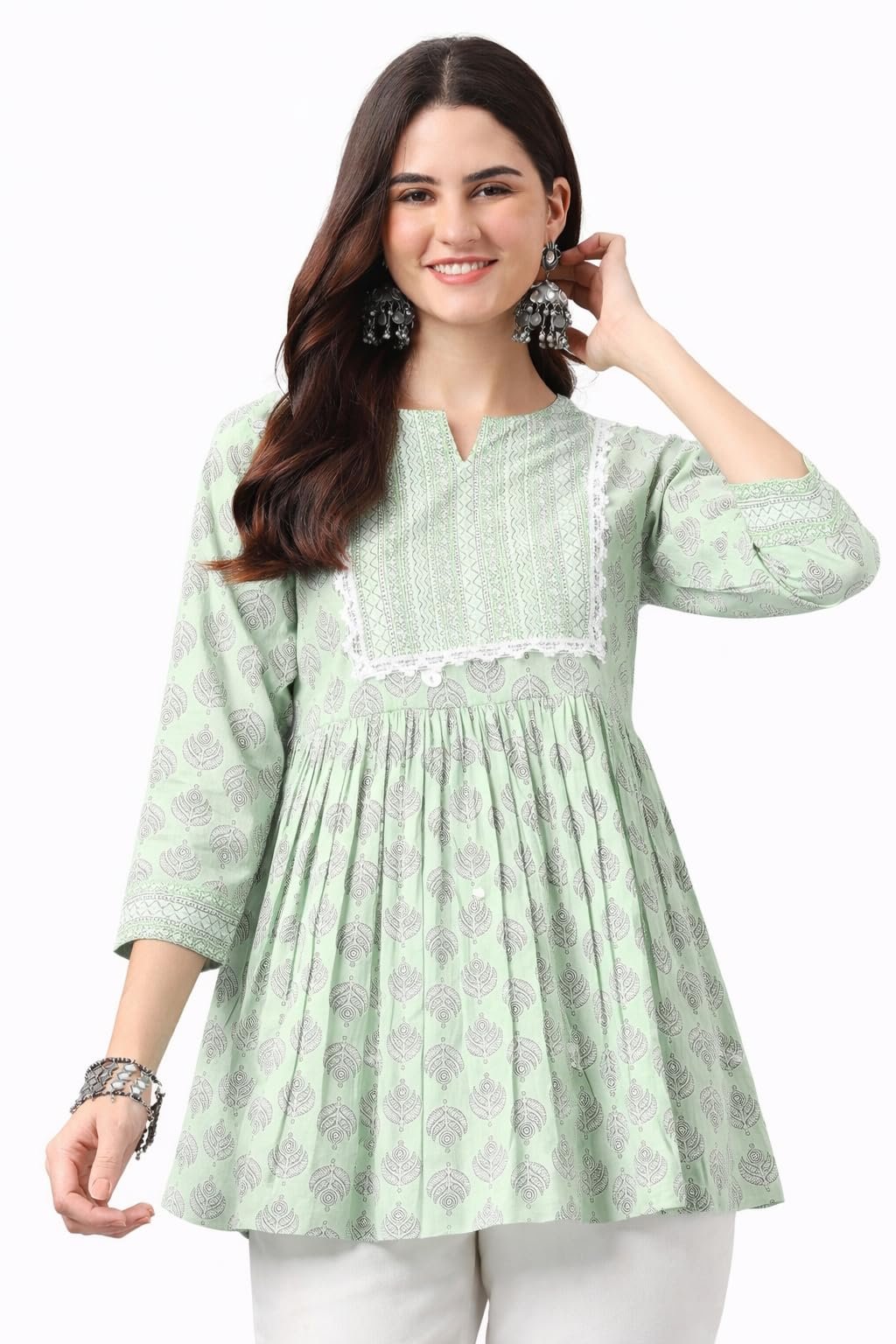 Women’s Viscose Rayon Printed Kurti Top 3/4 Sleeve A-Line Kurti for Women (in, Alpha, Regular, Light Green)