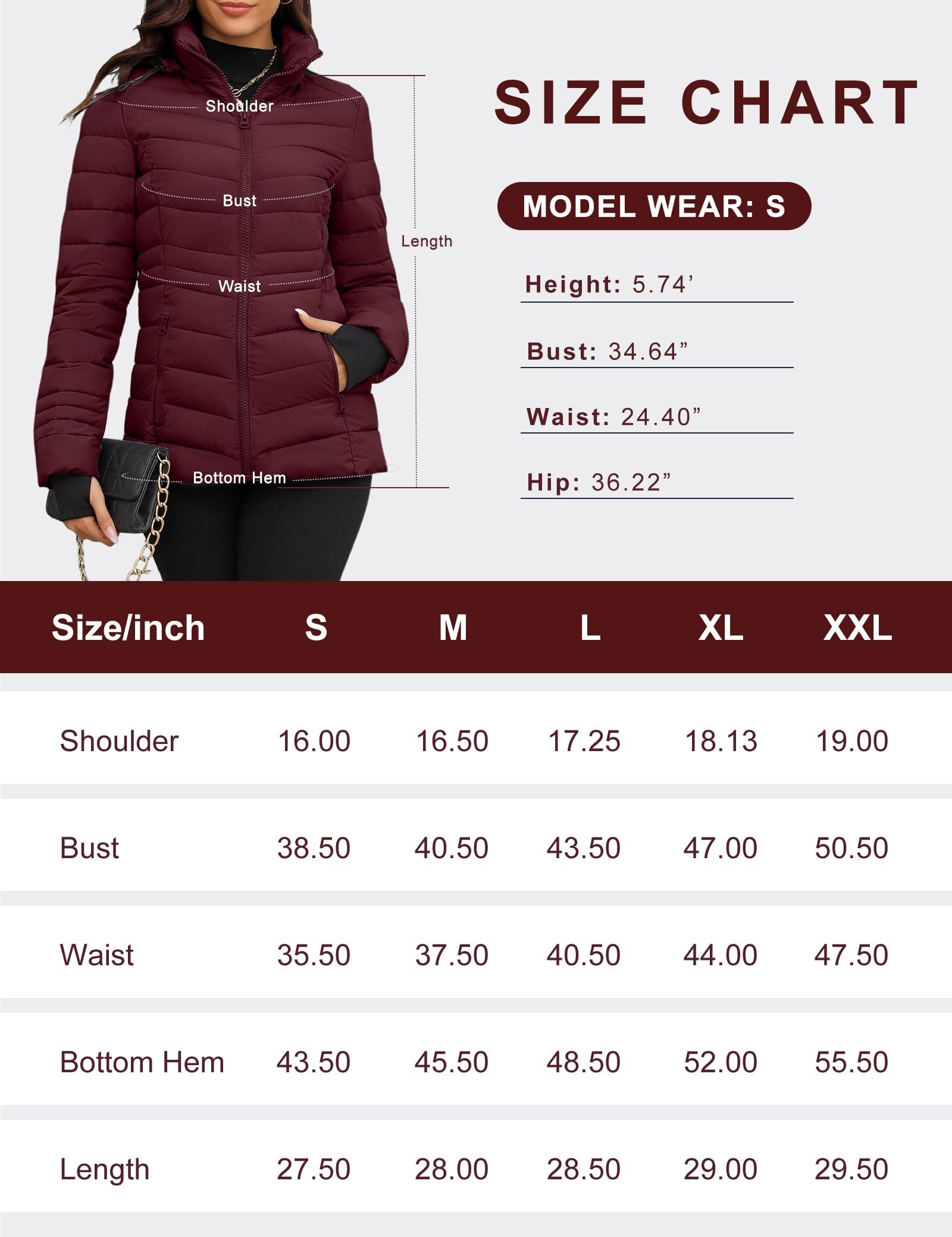 Womens Packable Lightweight Puffer Jacket, Wine, Small - Image 7