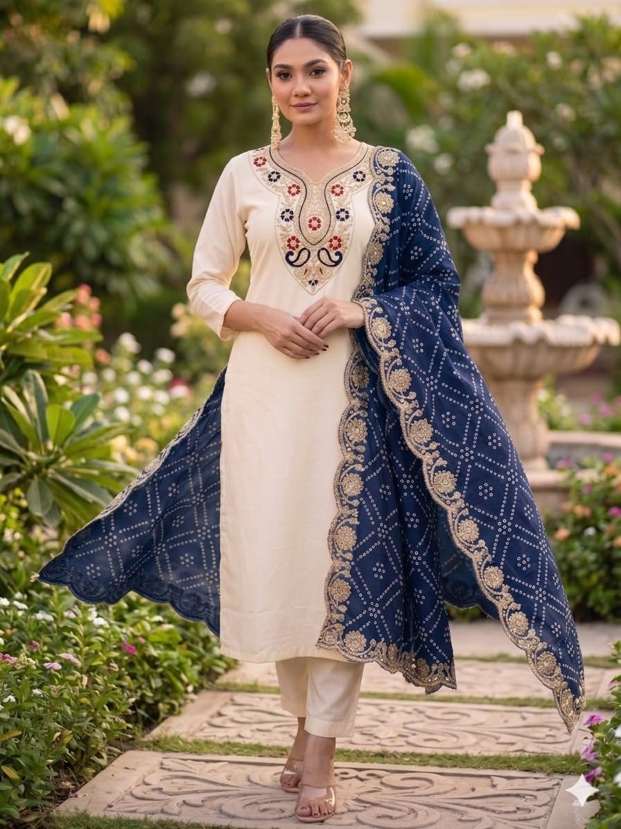 Ethnic Kurta Set with Heavy Bandhani Embroidered Dupatta Festive & Occasion Ensemble for Women Cream S