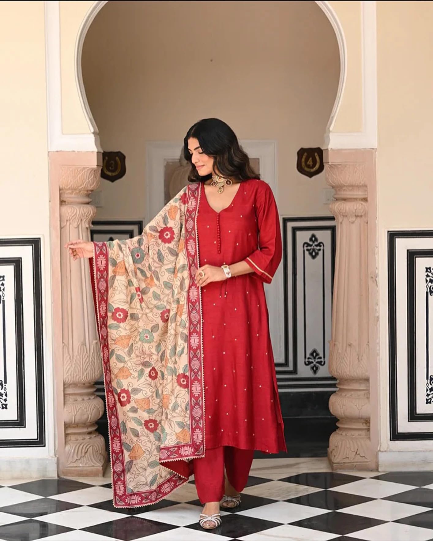 UNDERLINE Women's Kurta Set | Red Floral Printed Kurta Pant Dupatta Set | 3 Piece Ethnic Wear Set for Women | Red | 3XL - Image 5