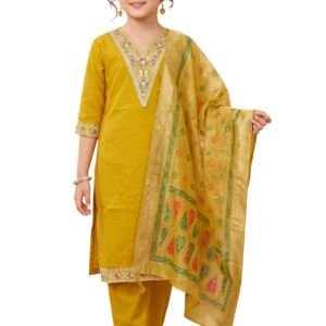 Girls Ethnic Kurta Pyjama Dupatta Set V Neck 3/4 Sleeve Embroidered Cotton Blend Suit Set Soft & Breathable Traditional Outfit for Girls (IN, Age, 11 Years, 12 Years, yellow)