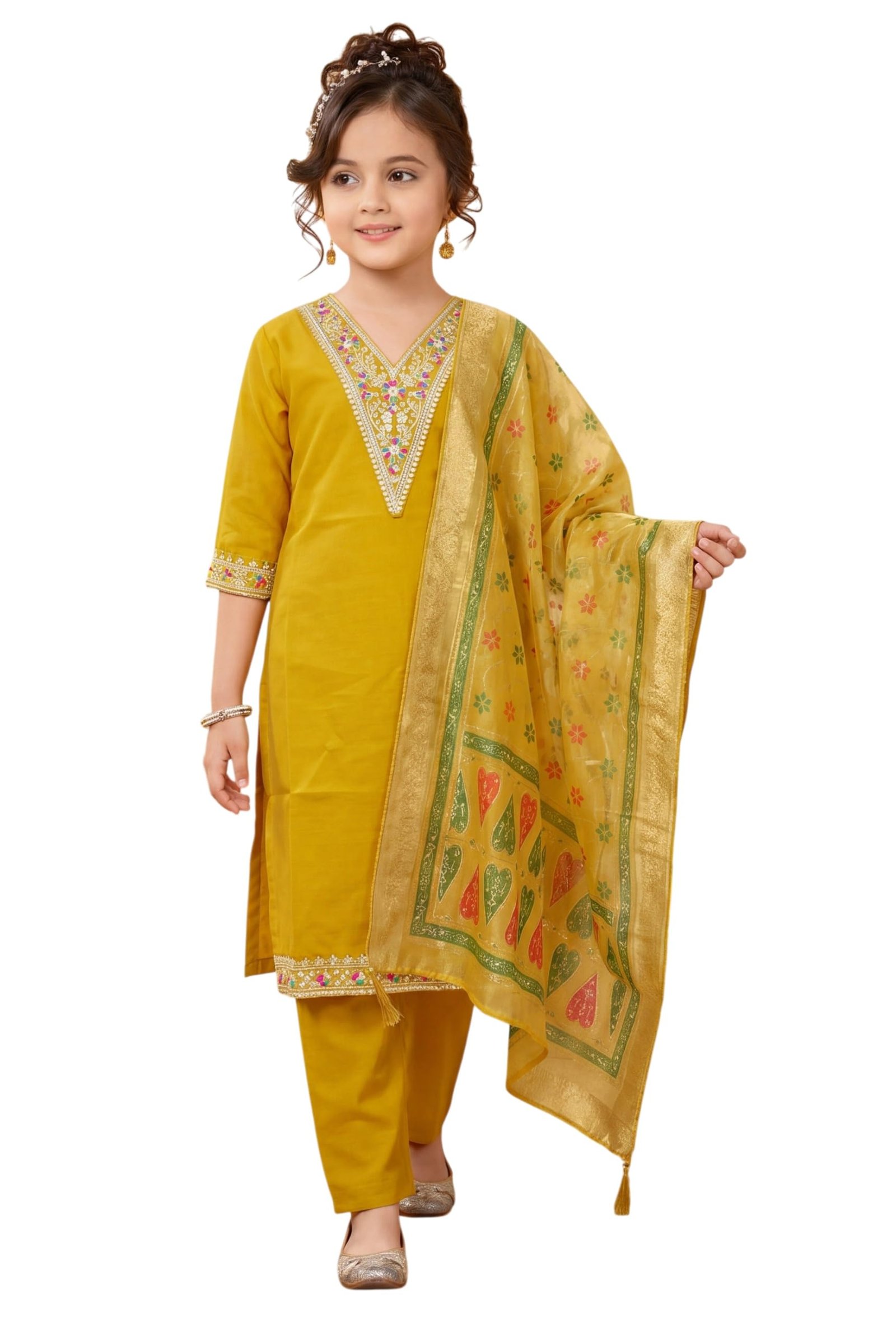 Girls Ethnic Kurta Pyjama Dupatta Set V Neck 3/4 Sleeve Embroidered Cotton Blend Suit Set Soft & Breathable Traditional Outfit for Girls (IN, Age, 11 Years, 12 Years, yellow)