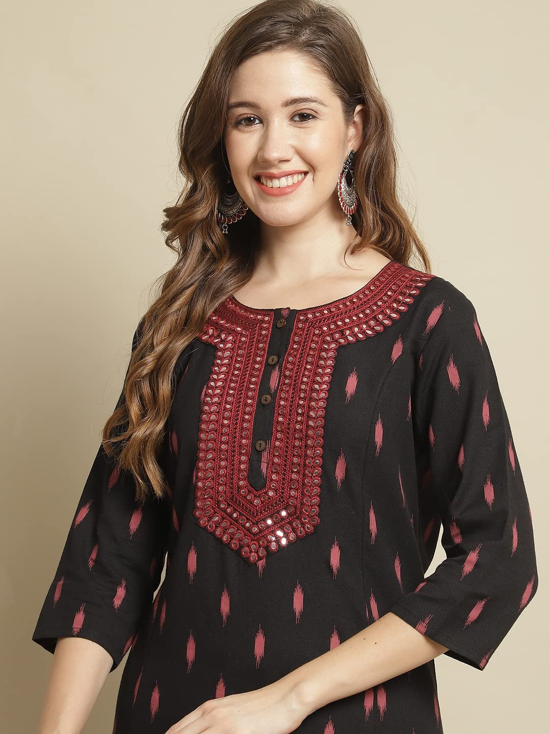 Women's Cotton Printed A-Line Mirror Pattern Regular Fit Kurta (Black, Large) - Image 6