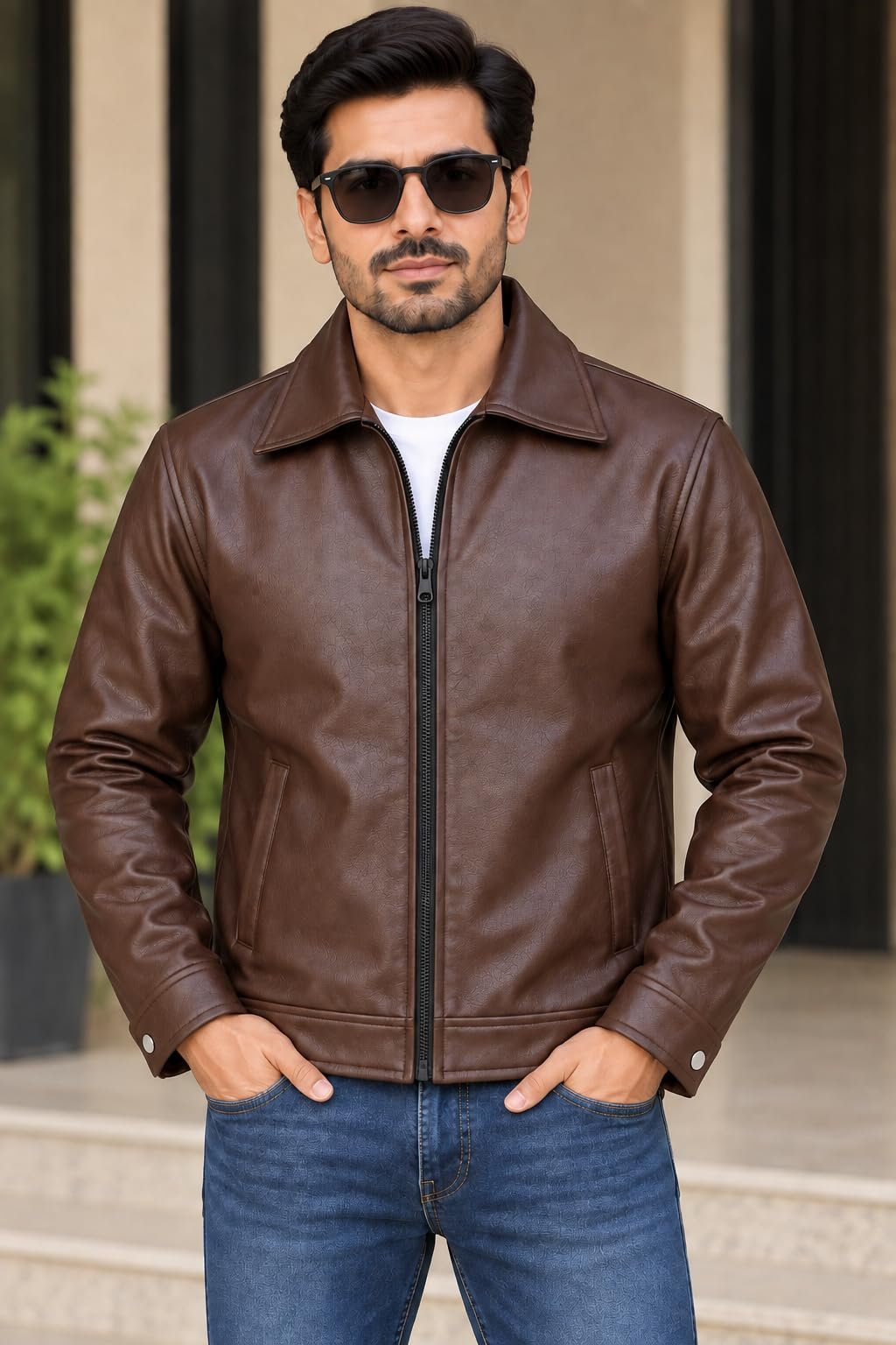 Men's Stylish Leather Jacket | Full Sleeve Zip-Up Winter Jacket with Shirt Collar, Side Pockets & Cuffed Sleeves | Casual Outerwear for Men (IN, Alpha, Regular, Brown) - Image 2