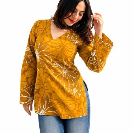 Women Rayon Printed Short Kurti for Women | Floral V Neck Short Kurta Top | Full Sleeve Casual Kurti for Girls & Women (Size : Mustrad Yellow, 2XL)