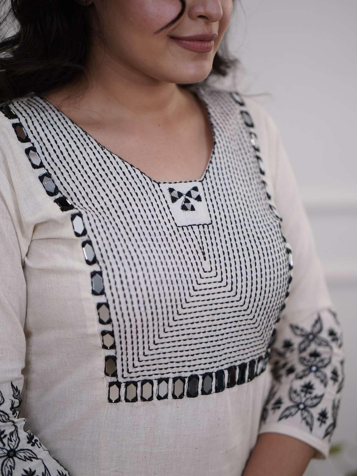 Trendy Articraft's Women's Cotton Embroidery Straight Kurti with Pant Set (White) - Image 5