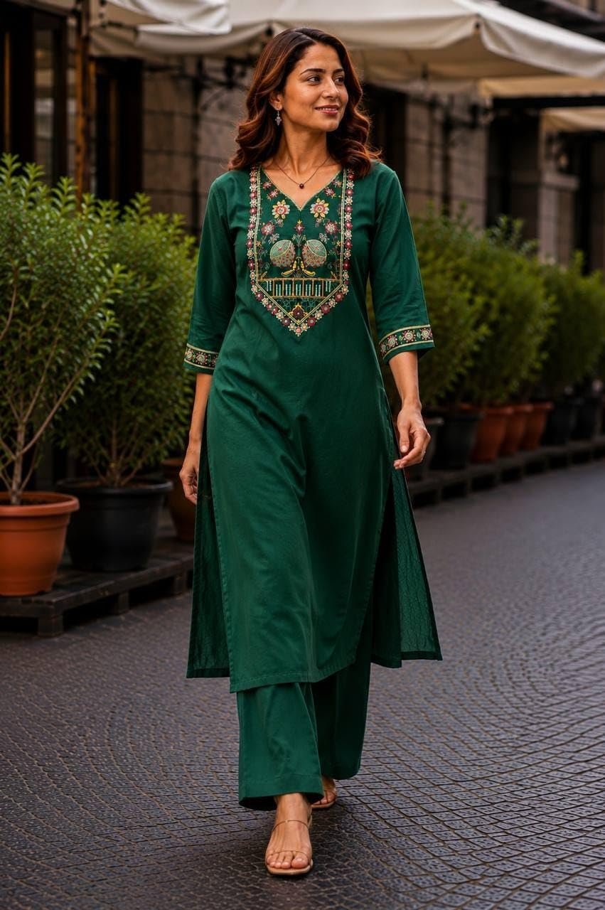 Women's Cotton V-Neck Kurta Set, 3/4 Sleeve Embroidered Festive and Occasion Straight Kurti with Matching Palazzo Pants Green XL - Image 3