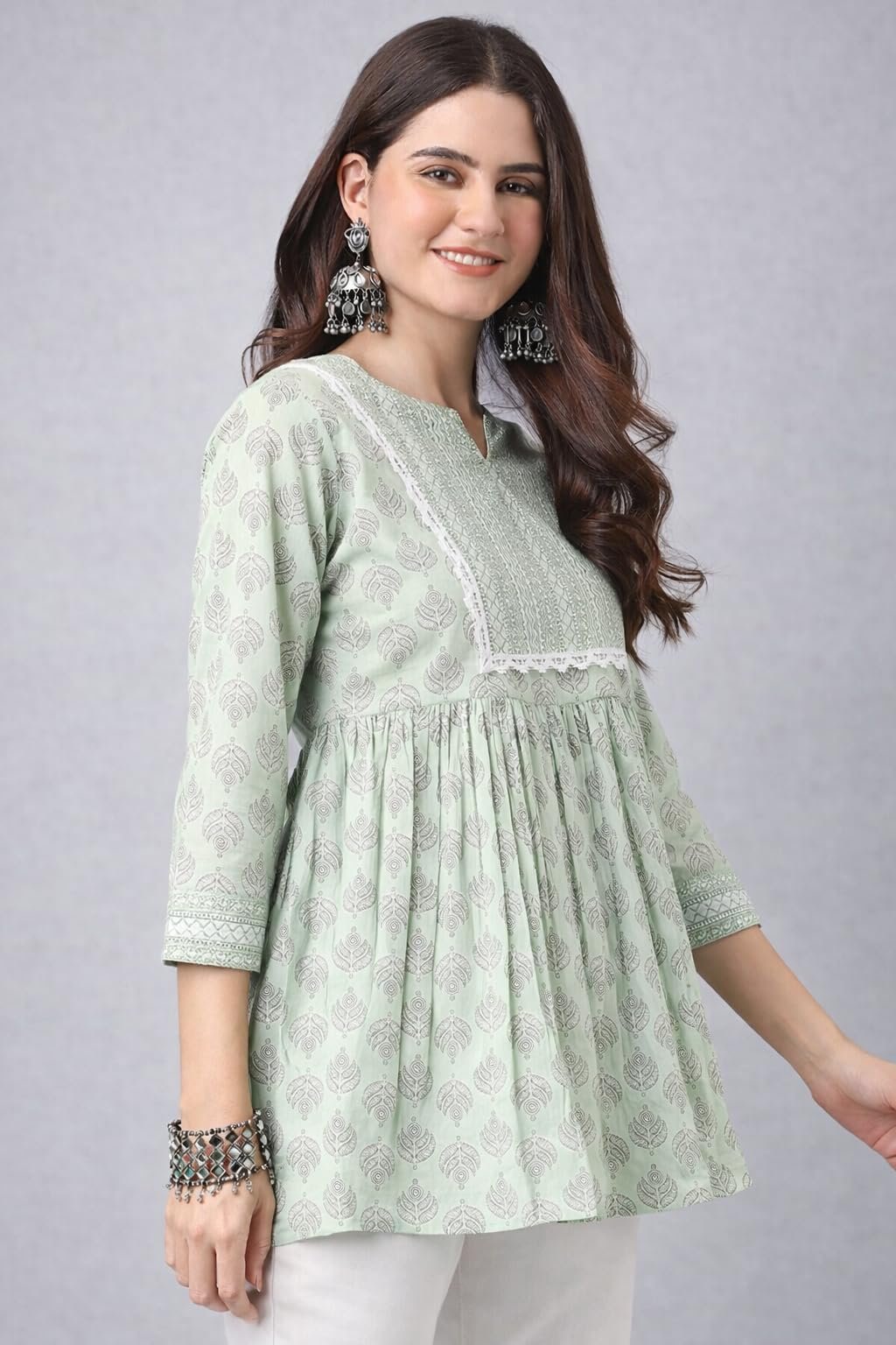 Women’s Viscose Rayon Printed Kurti Top 3/4 Sleeve A-Line Kurti for Women (in, Alpha, Regular, Light Green) - Image 3
