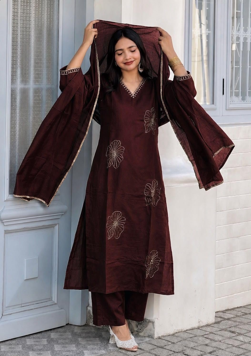 Shree Vastram Creation Women Silk V Neck 3/4 Sleeve Kurti with Pant & Dupatta Set | Elegant Ethnic Wear Kurta Set for Women (IN, Alpha, 3XL, MORNI6-BROWN) - Image 3