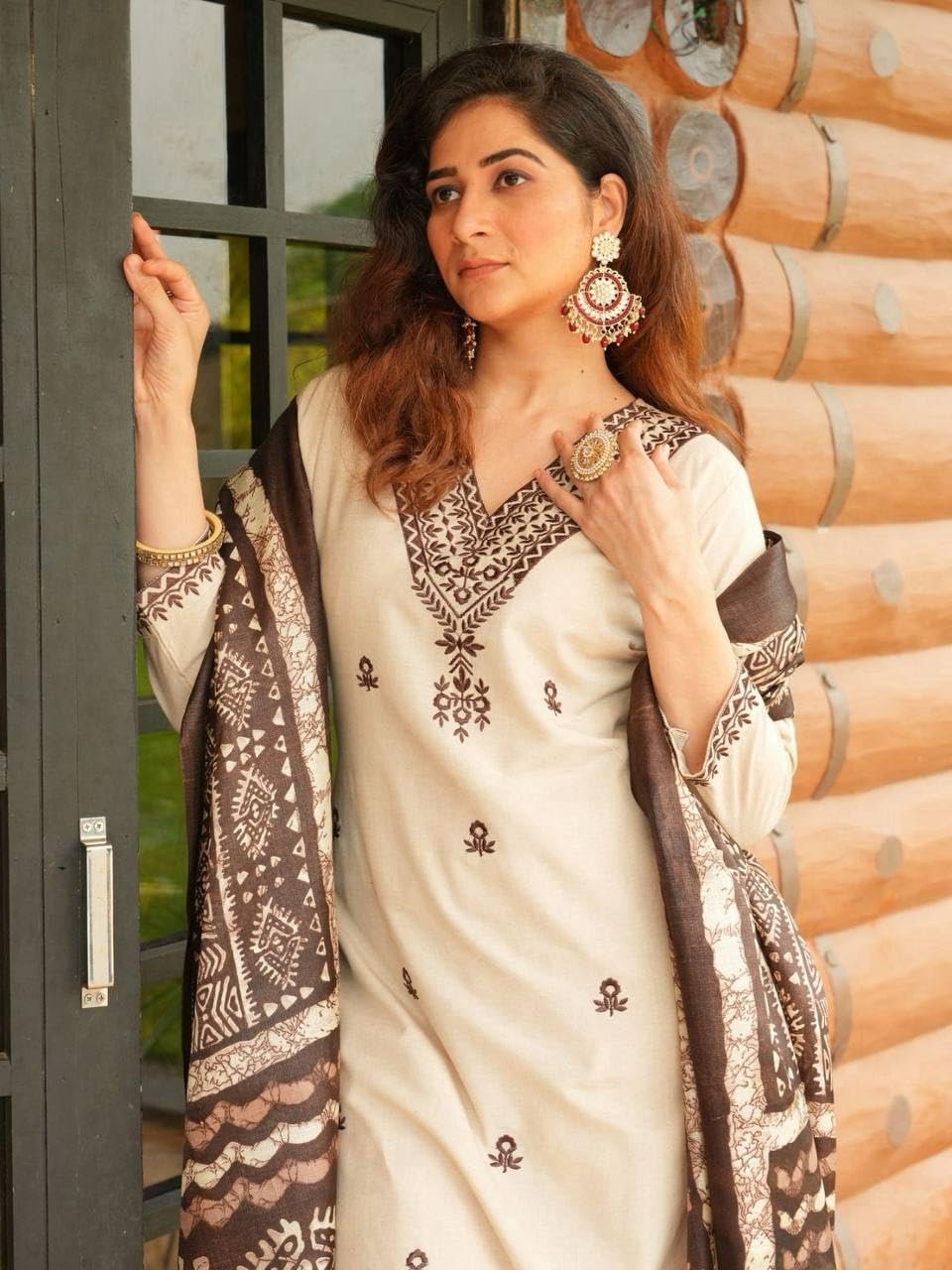 Underline Women’s Printed Kurta Set | Cream & Brown Kurta Pant Dupatta 3 Piece Ethnic Outfit | V Neck 3/4 Sleeve Traditional Indian Wear | Stylish Festive & Casual Dress - Image 4