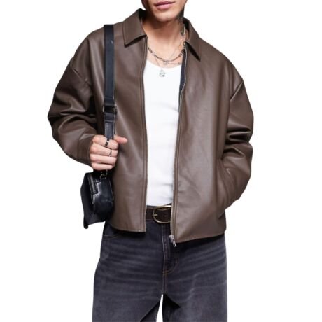 Men's Oversized Faux Leather Jacket Brown PU Casual Biker Bomber Style Coat