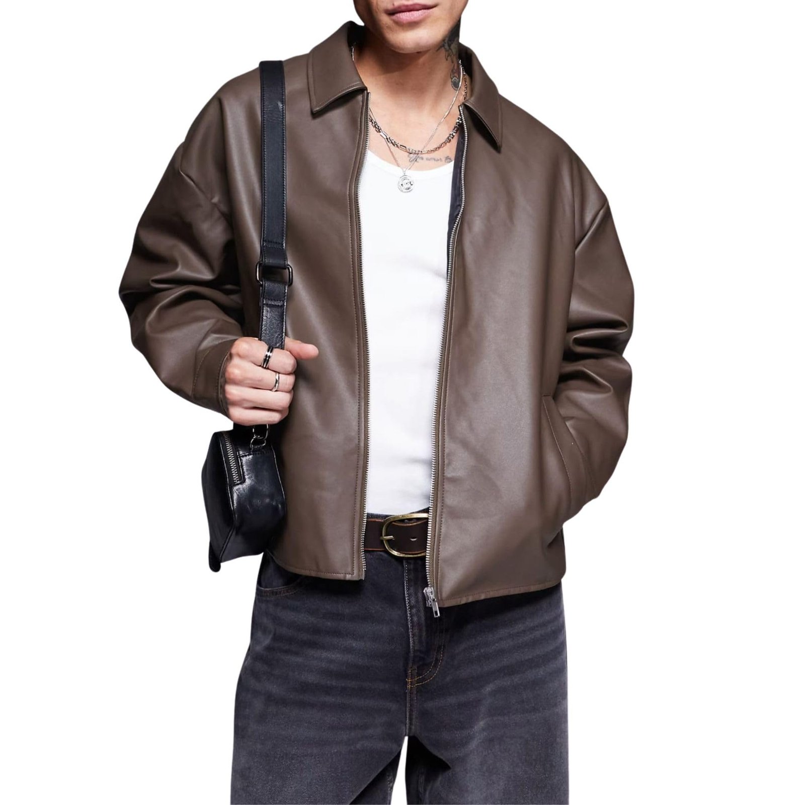 Men's Oversized Faux Leather Jacket Brown PU Casual Biker Bomber Style Coat