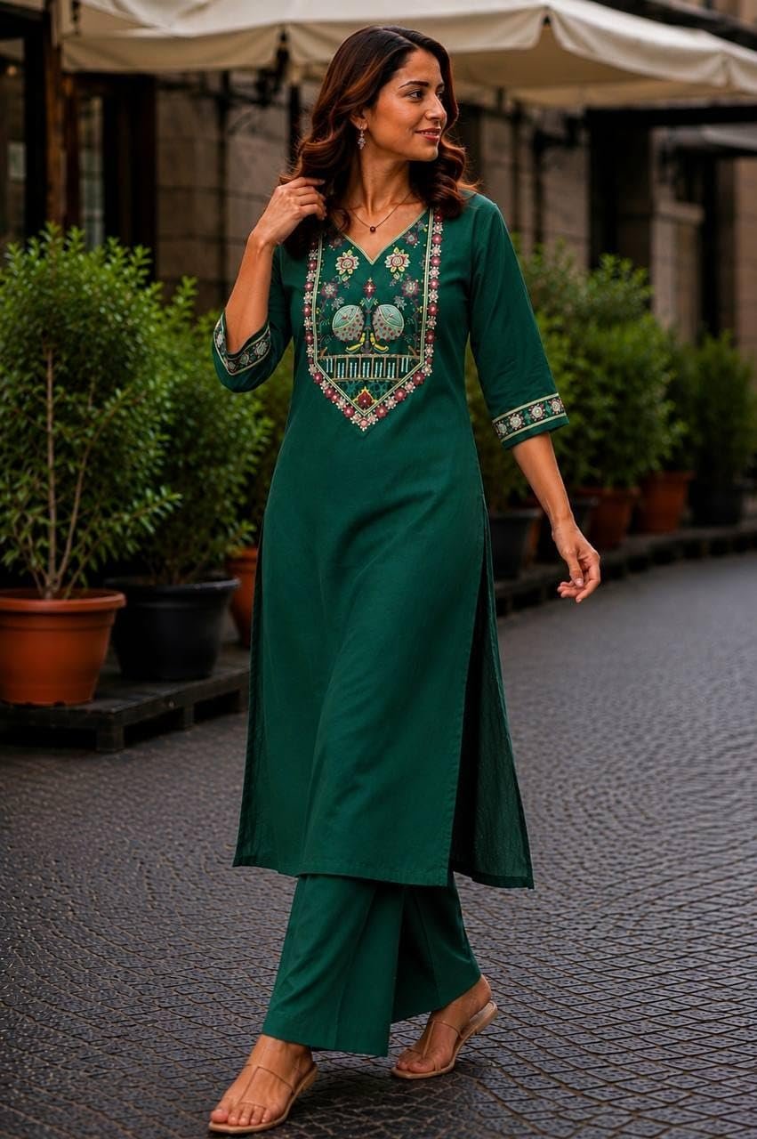 Women's Cotton V-Neck Kurta Set, 3/4 Sleeve Embroidered Festive and Occasion Straight Kurti with Matching Palazzo Pants Green XL - Image 2