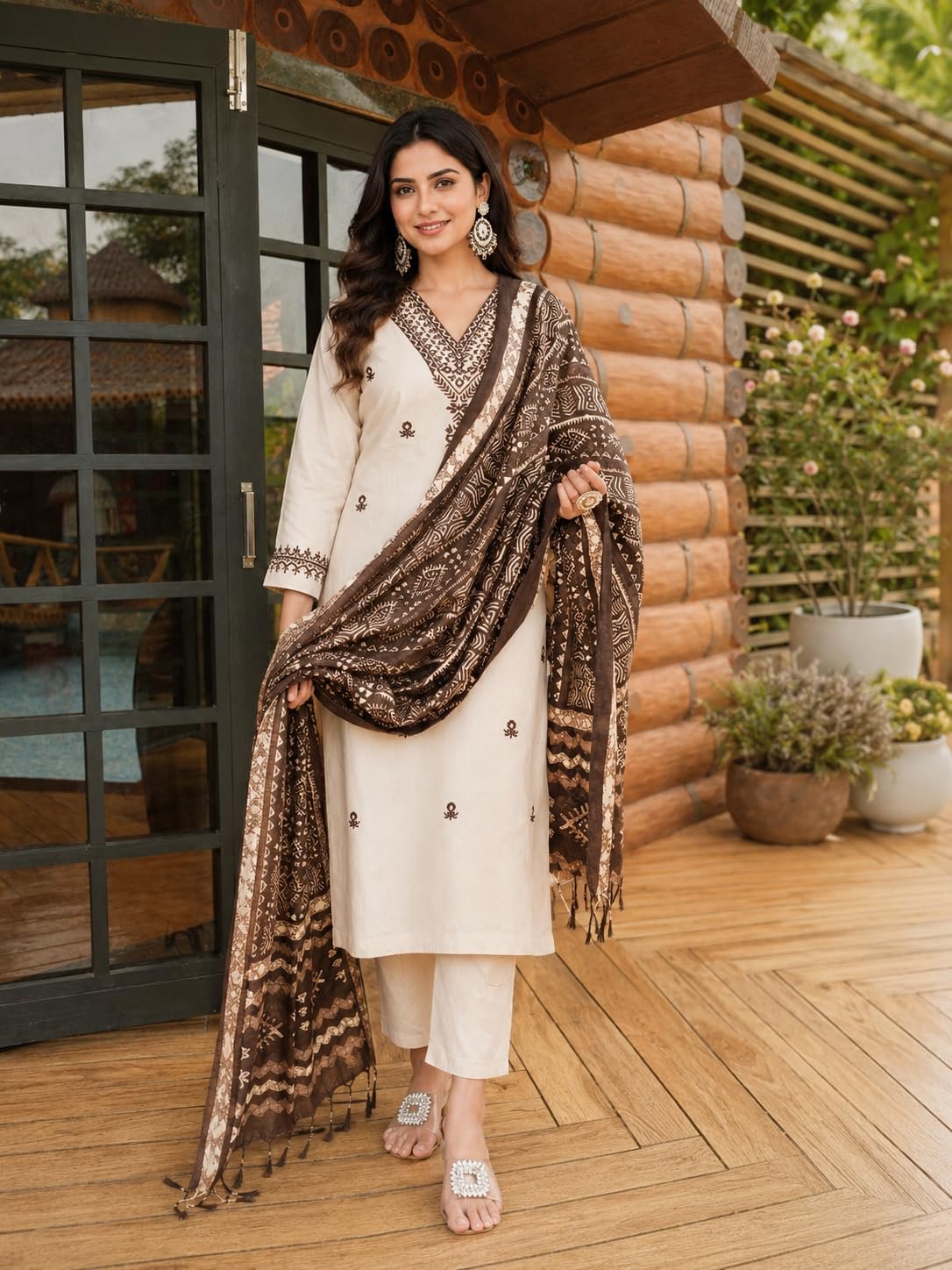 Underline Women’s Printed Kurta Set | Cream & Brown Kurta Pant Dupatta 3 Piece Ethnic Outfit | V Neck 3/4 Sleeve Traditional Indian Wear | Stylish Festive & Casual Dress - Image 3