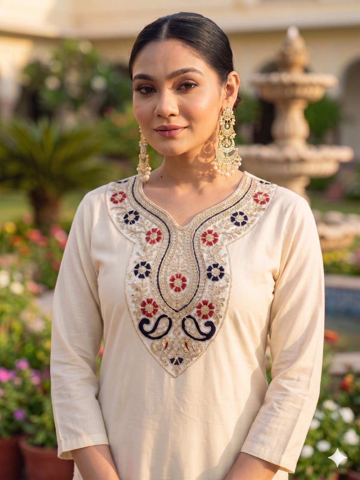 Ethnic Kurta Set with Heavy Bandhani Embroidered Dupatta Festive & Occasion Ensemble for Women Cream S - Image 3
