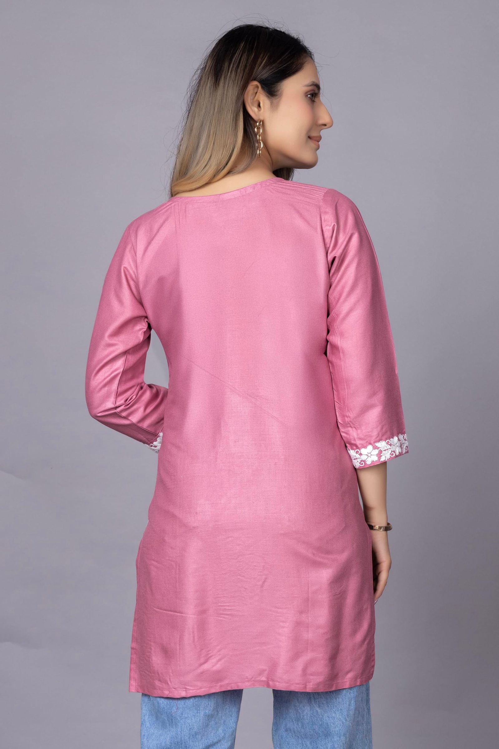 Women's Yellow Chikankari Kurti, Floral Embroidered, V-Neck, Full Sleeves, Ethnic Wear (in, Alpha, 3XL, Pink) - Image 3