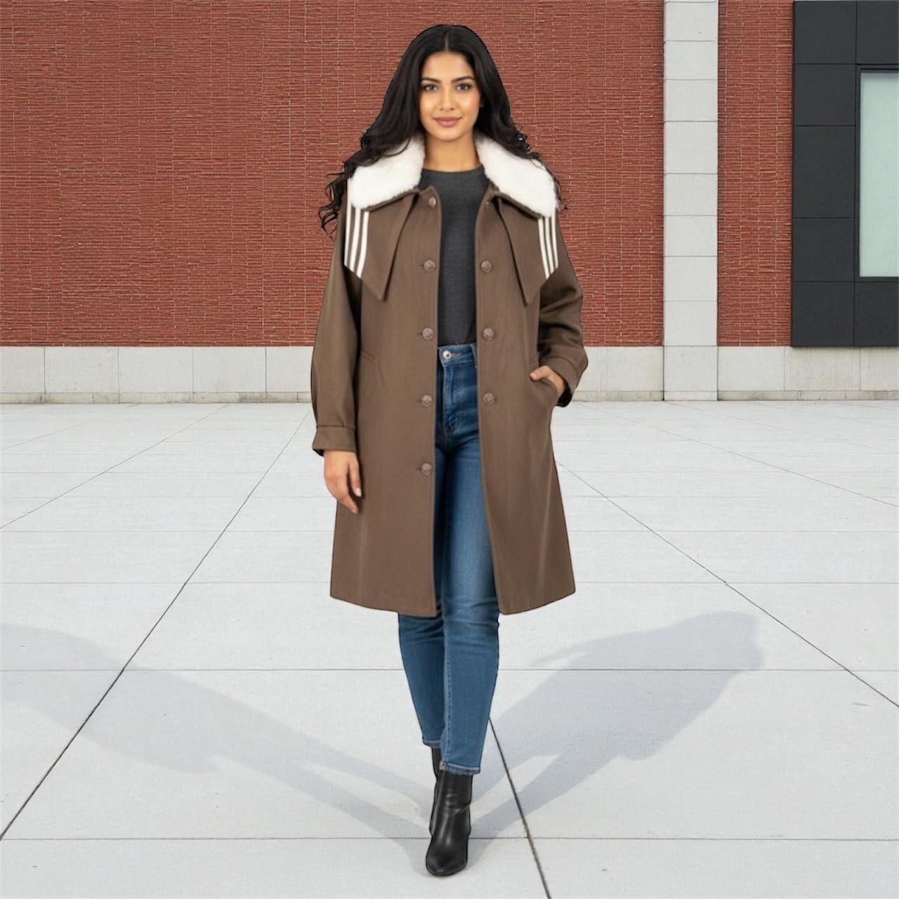 Women’s Wool Blend Winter Overcoat Collar, Long Warm Coat, Elegant Party/Jacket for Women (Brown With White Fur Size L/XL) - Image 2