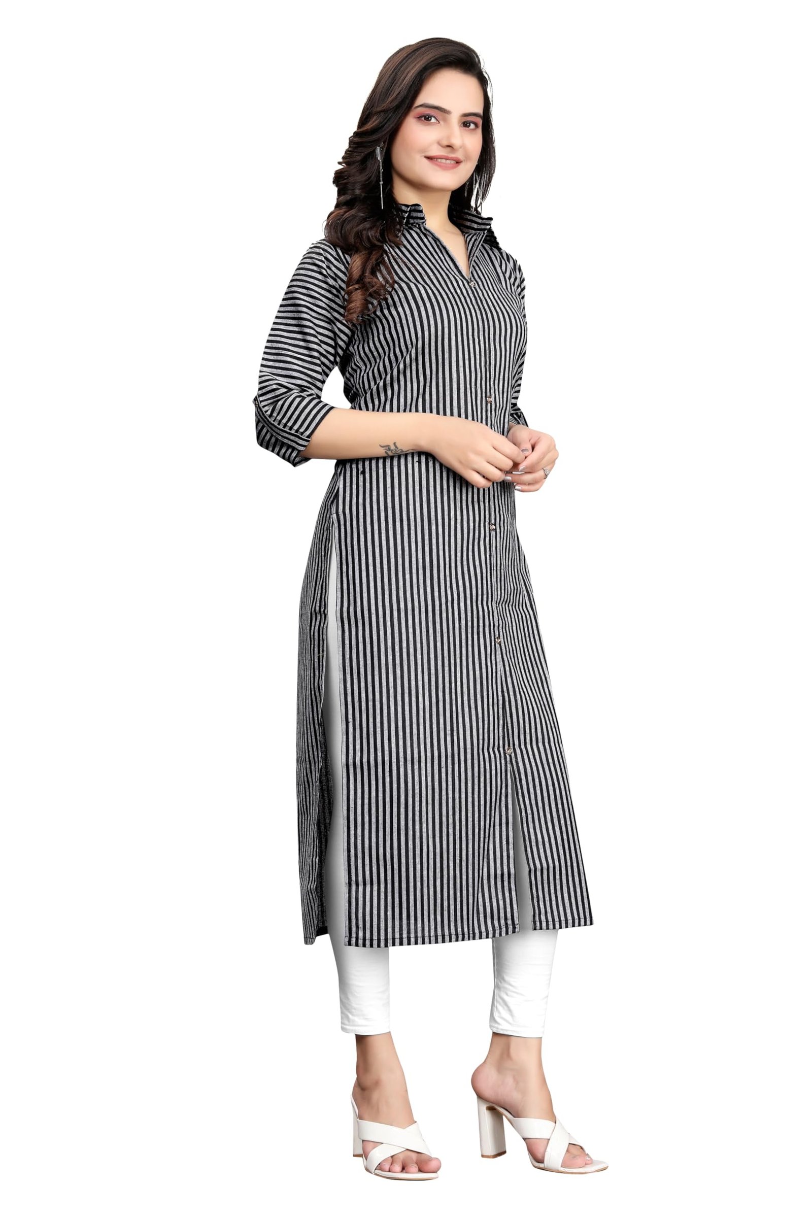 Women Striped Cotton Straight Fit Kurta (Pink) (Medium, Black) - Image 4